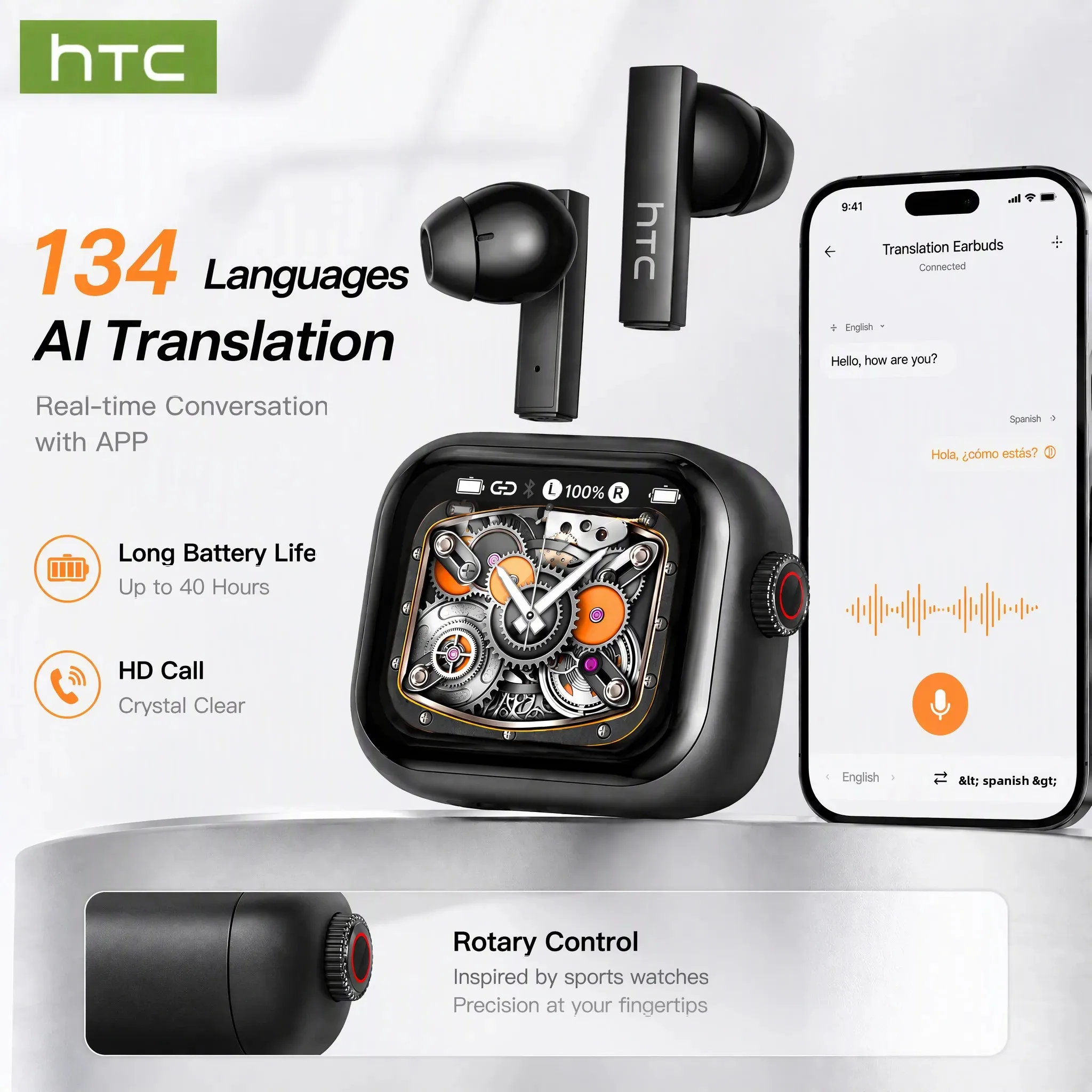 [Ultra HD Screen] HTC NE40 Earphones Bluetooth V6 TWS Sports Wireless Headphones AI Translator Earbud In-Ear Noise Reduction Mic