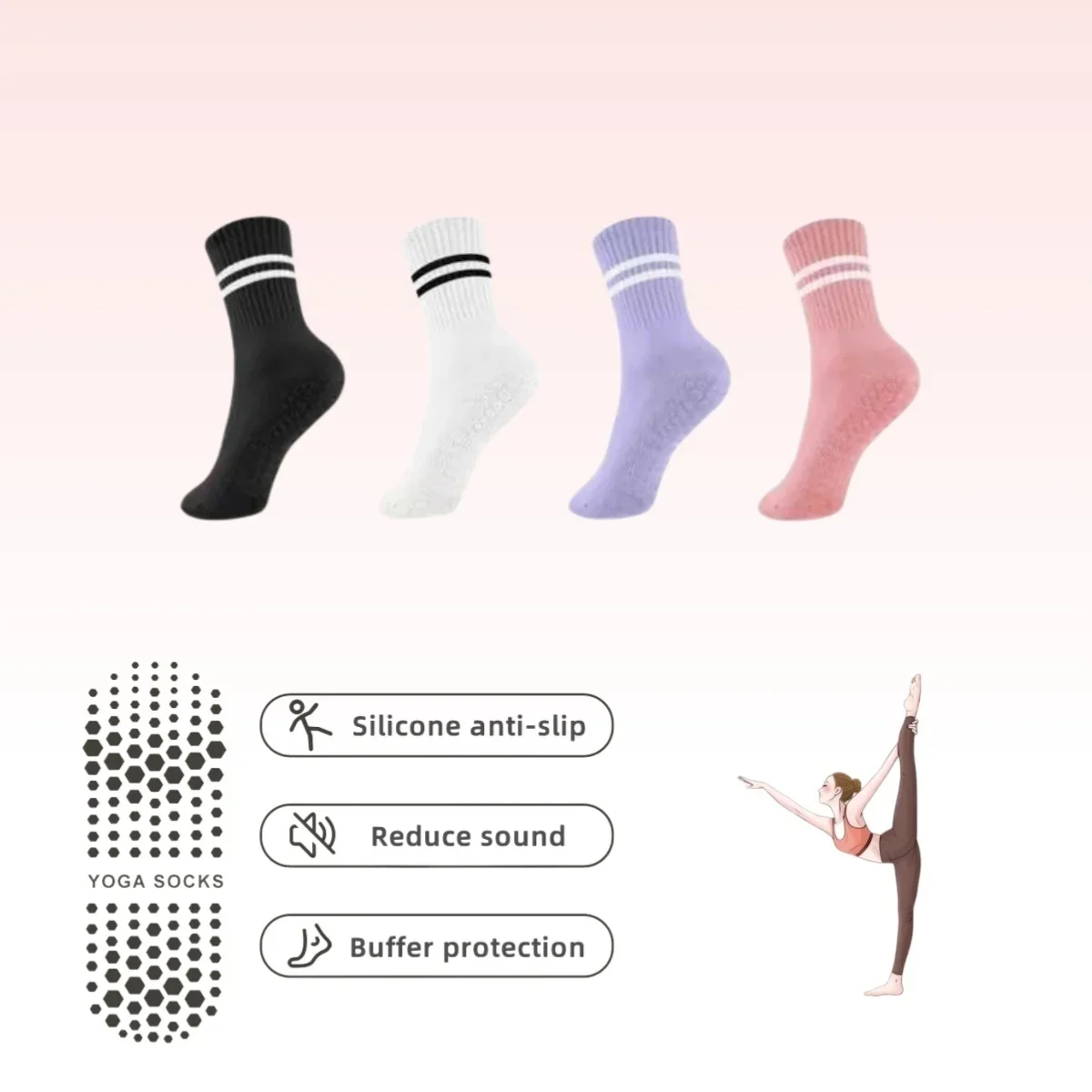 4 Pairs of Yoga Socks Medium Length Socks Pure Cotton Anti Slip Silicone Indoor Fitness Pilates Women's Sports Socks Wholesal