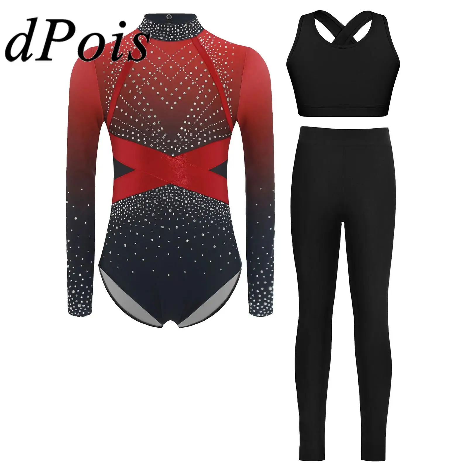 Children's Long Sleeve Mock Neck Ballet Leotard +Vest Leggings Dancing Kid Girls Gymnastics Bodysuit Figure Skating Dance Outfit
