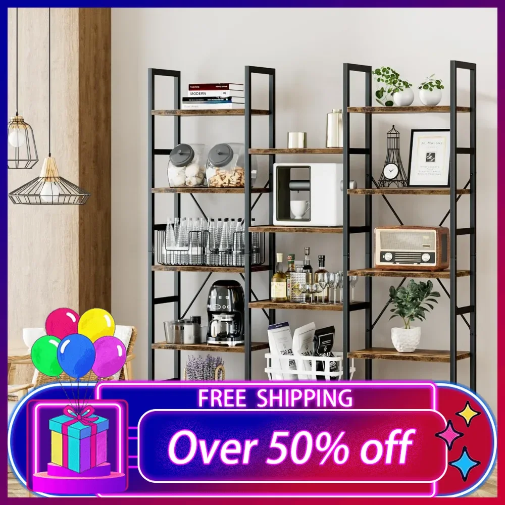 

Triple Column 5 Tier Bookshelf, Bookcase with 14 Open Display Shelves, Adjustable Rustic Style Book Shelves,Display Cabinet