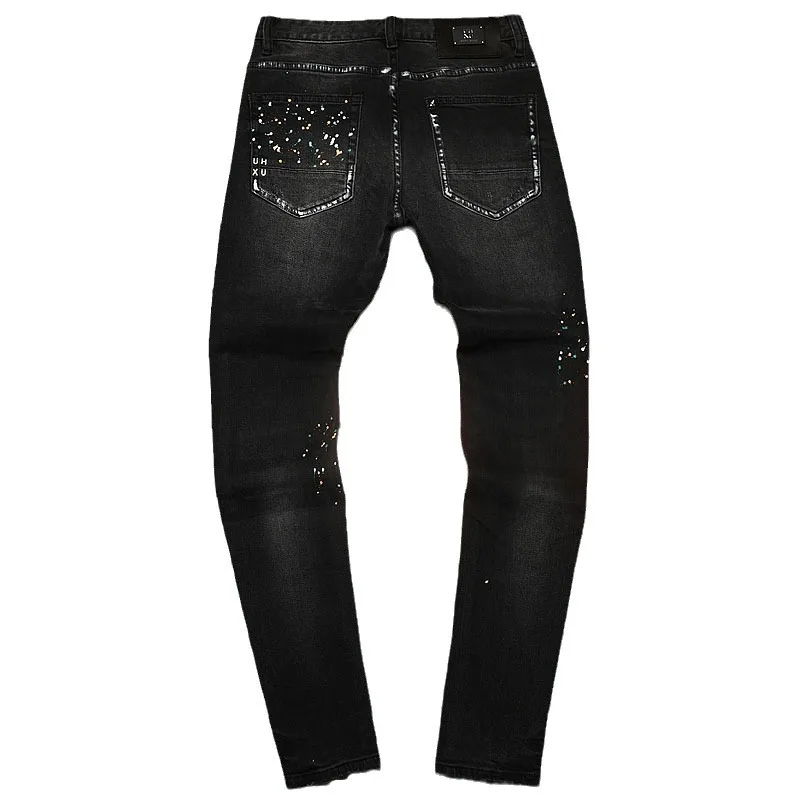 Black Distressed Men Jeans With Patches And Splashed Ink Fashionable And Personalized Casual Elastic Slim Fit Straight Leg Denim