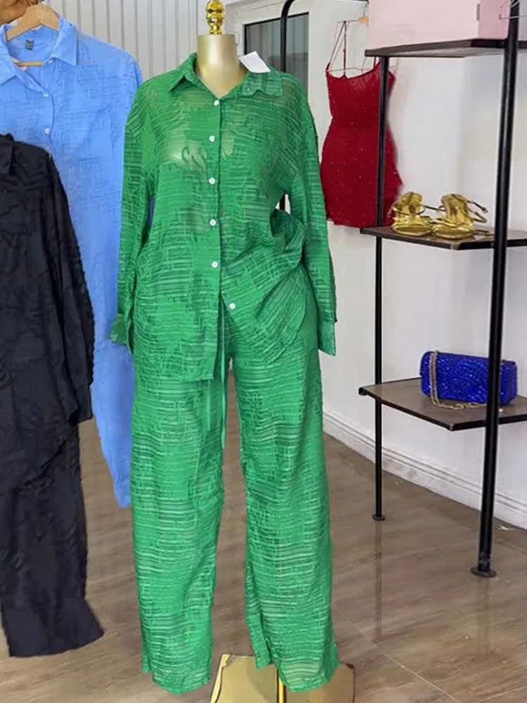 

Two Piece Set Woman Autumn Long Sleeve Elegant Pants and Blouse Set Solid Color Hollow Out Casual Outfits Wholesale Dropshipping