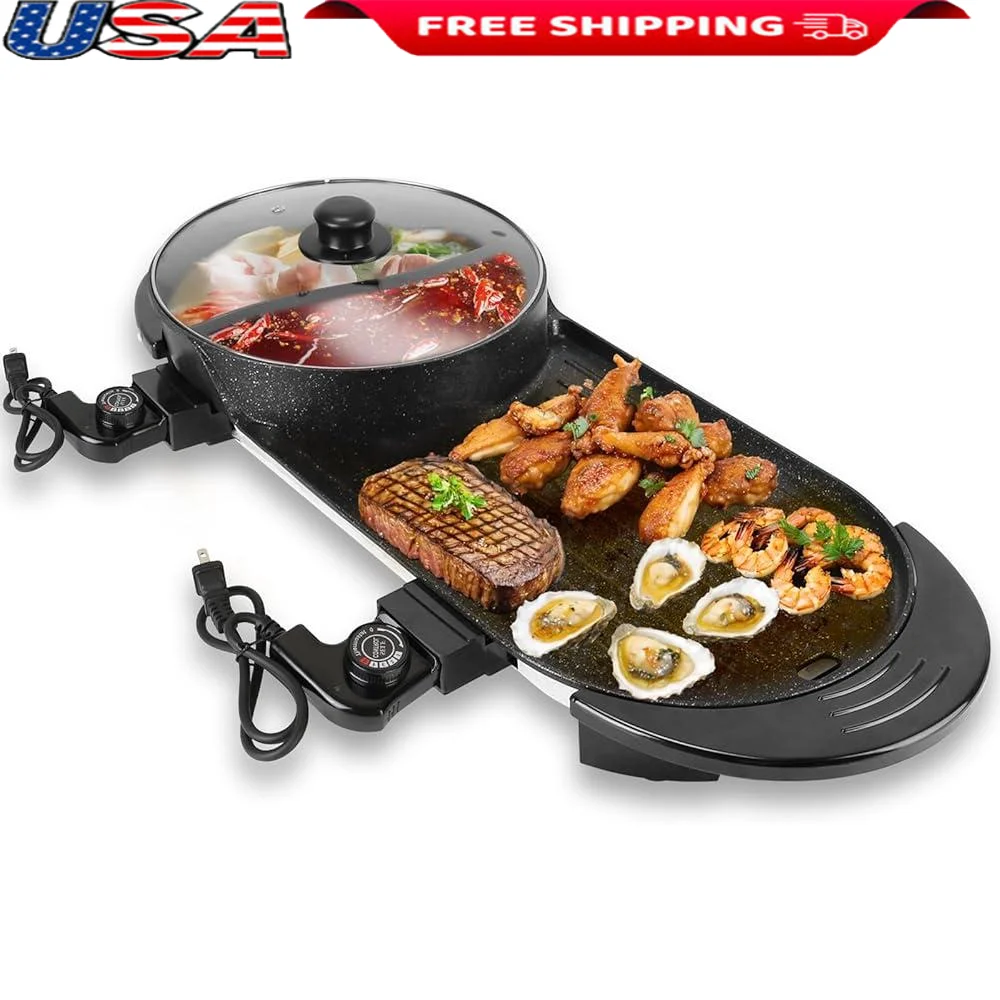 

2 in 1 Electric Hot Pot Grill Smokeless Korean BBQ Indoor Cooking Dual Temperature Control Non Stick Large Capacity Metal Lid