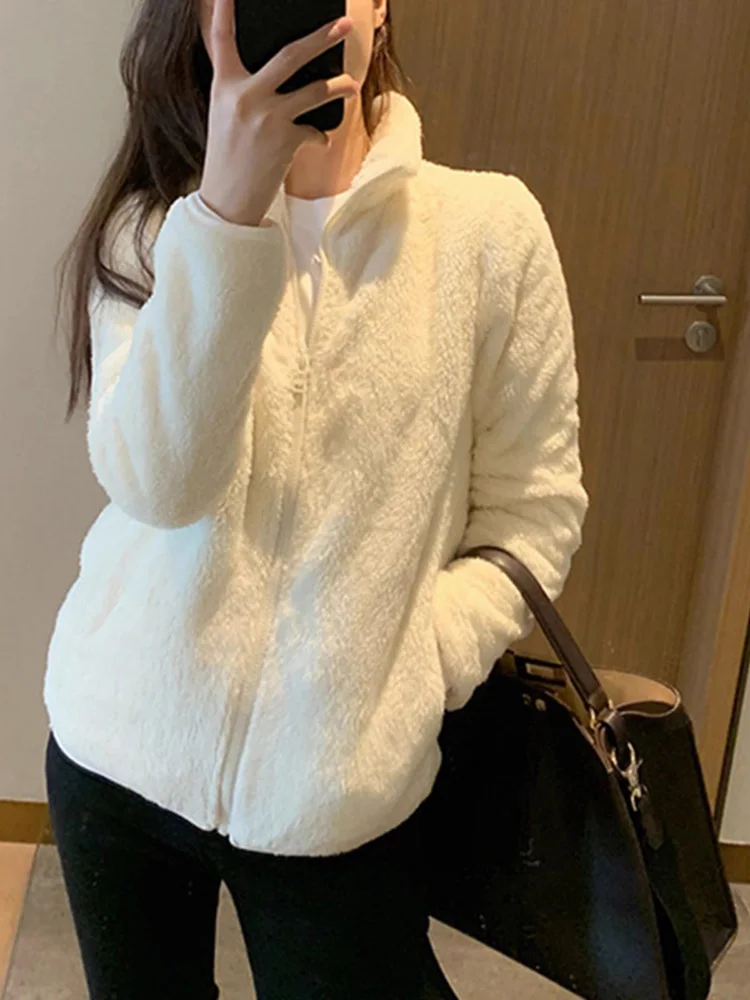 

Осень-зима женское флисовое пальто на молнии с длинными рукавами толстая теплая куртка из кораллового флиса с воротником-стойкой плюшевая верхняя одежда удобное пальто