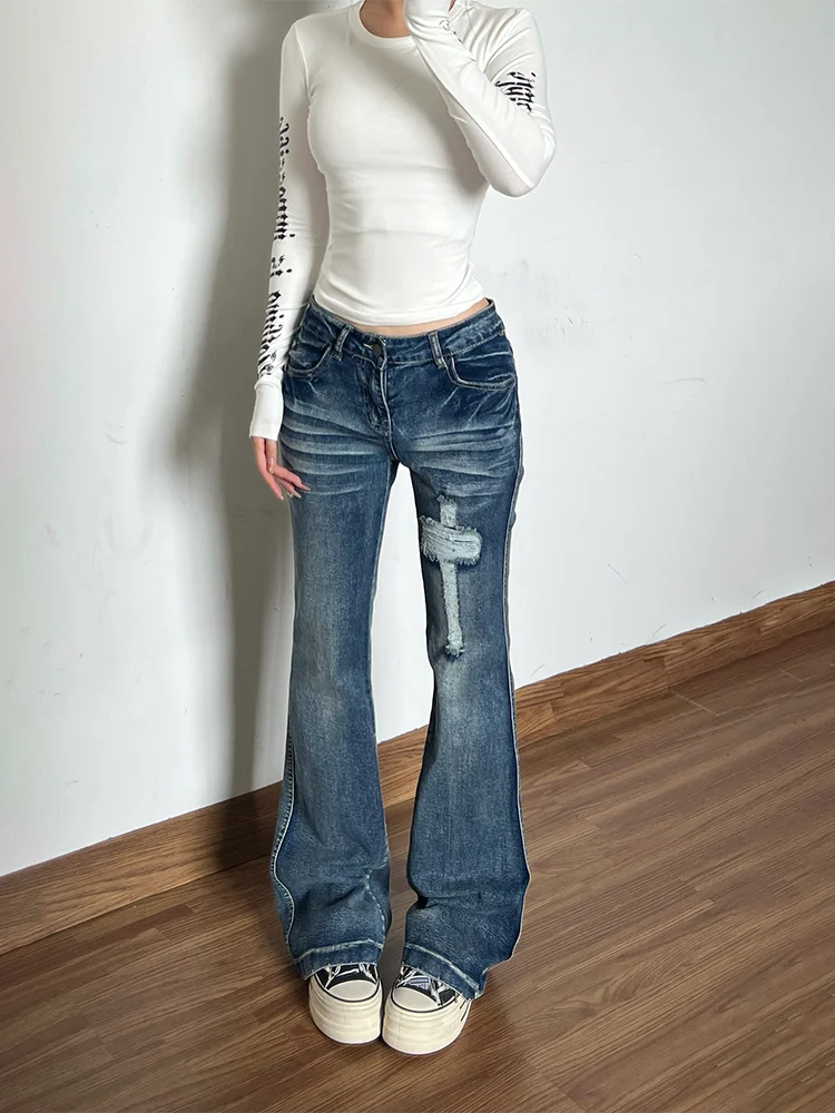 Large Size American Style Spicy Girl Vintage Washed Denim Pants Women's Fall New Retro Design Crosshole Micro Flared Pants