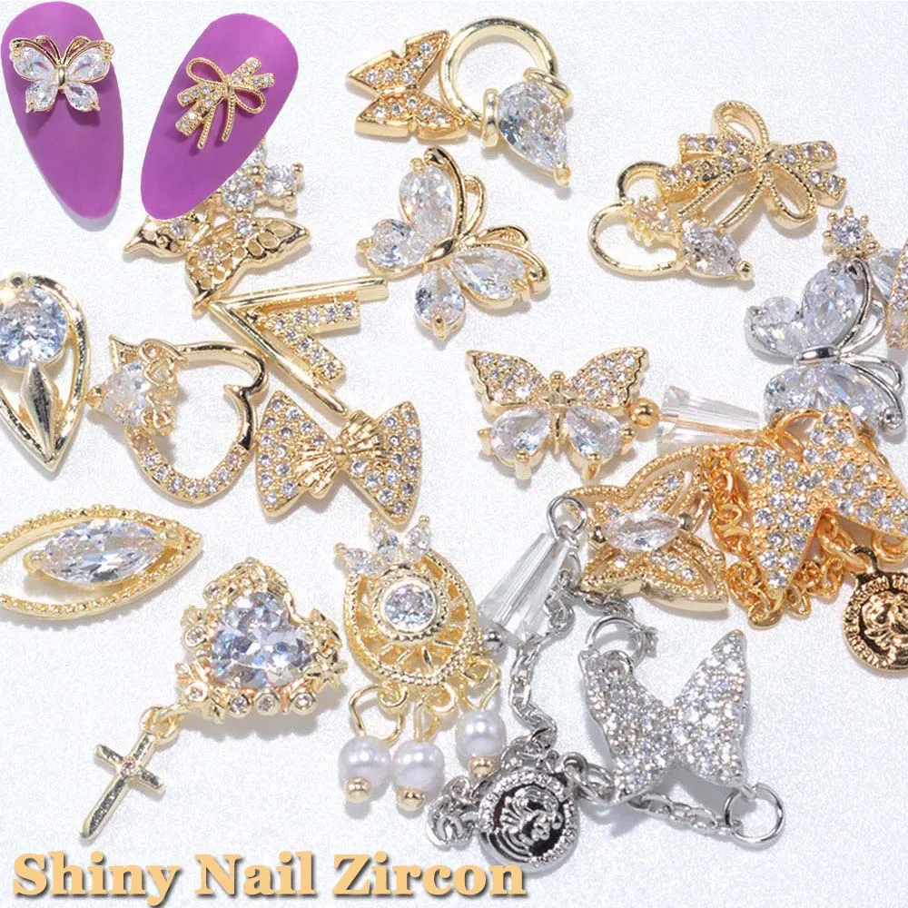 Heart Crystal Metal Zircon Butterfly Diamond Butterfly Nail Rhinestones Pendant Chain Nail Art Jewelry Nail Art Decorations
