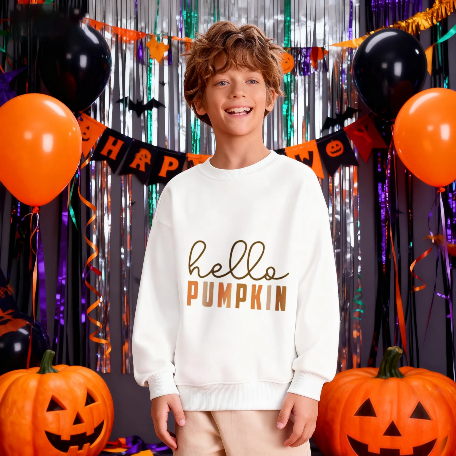 سويت شيرت للأطفال برقبة دائرية - بلوفر أبيض عصري "Hello Pumpkin" لموسم الخريف والخريف