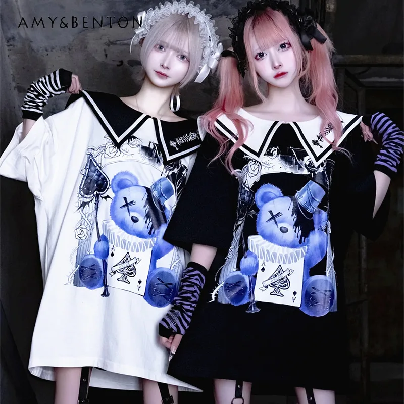 

Japanese Harajuku Mine Bear Print Sailor Suit Oversized T Shirt Summer Subculture Gothic Loose Mid-length Short-sleeved Tops