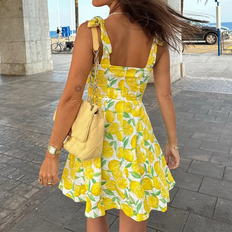 TRAF Woman Fruit Print Slip Dress Tied Sleeveless Yellow Short Dresses Summer Backless Mini Dress Women Beach Holiday Dresses