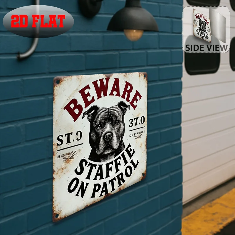 Custom Vintage Metal Tin Sign 8x8 Inch Beware Staffordshire Dog Patrol Outdoor Wall Decor Gift For Pet Lovers