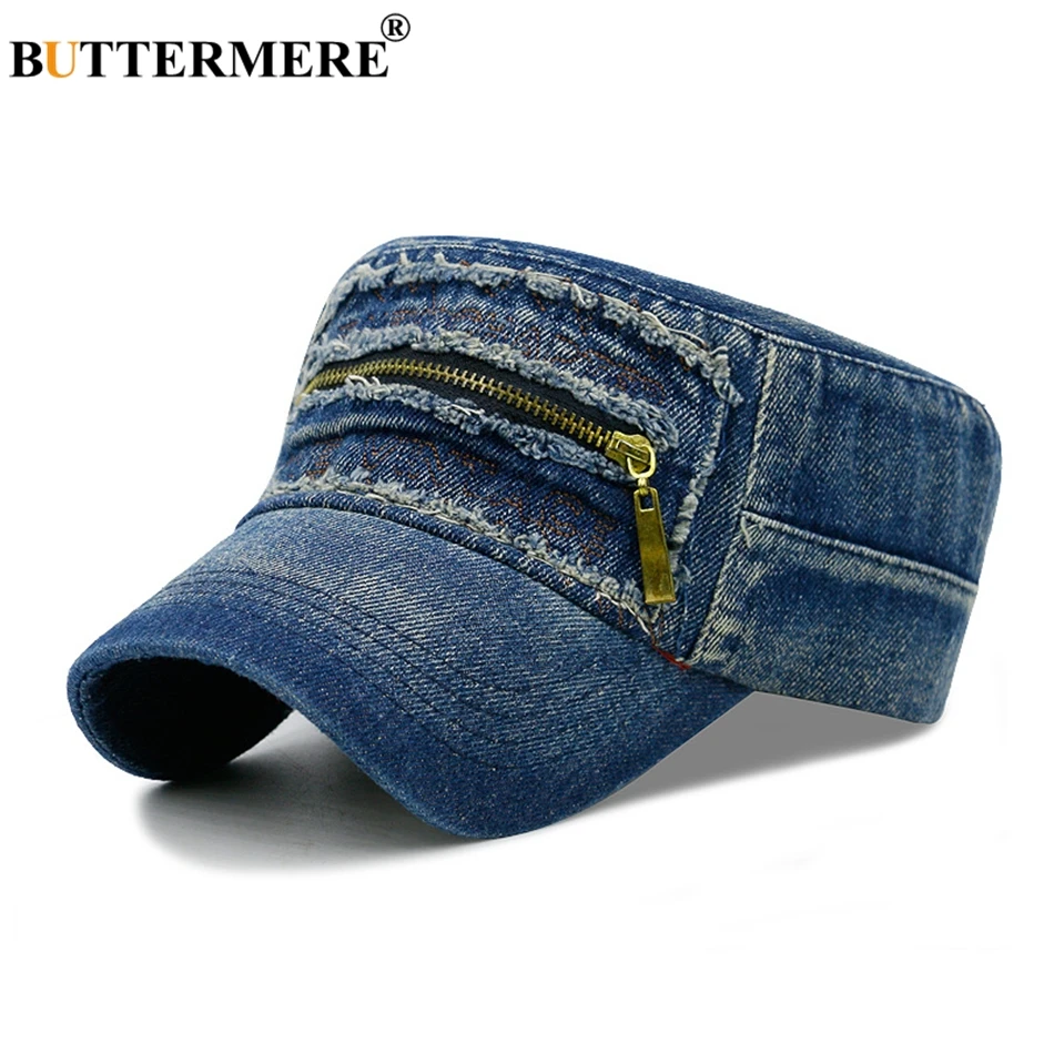 BUTTERMERE Army Hats Denim Mens Vintage Spring Summer Baker Boy Hat Male Casual Flat Top Jeans Beret Military Caps And Hats