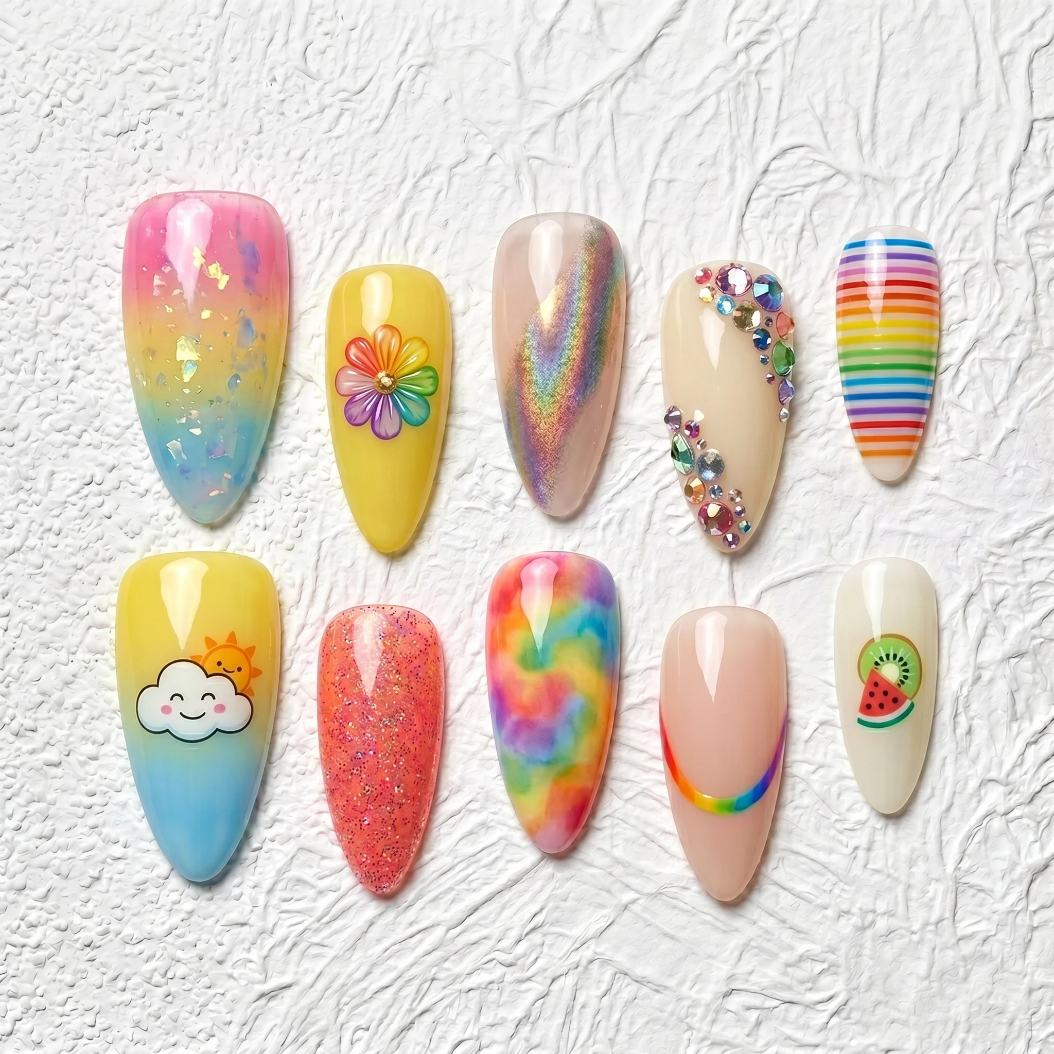 Artisan Handcrafted 10PCS Playful Dreamy Stiletto Press-On Nails | Pastel Rainbow, 3D Flowers, Rhinestones, Holiday Party Wear