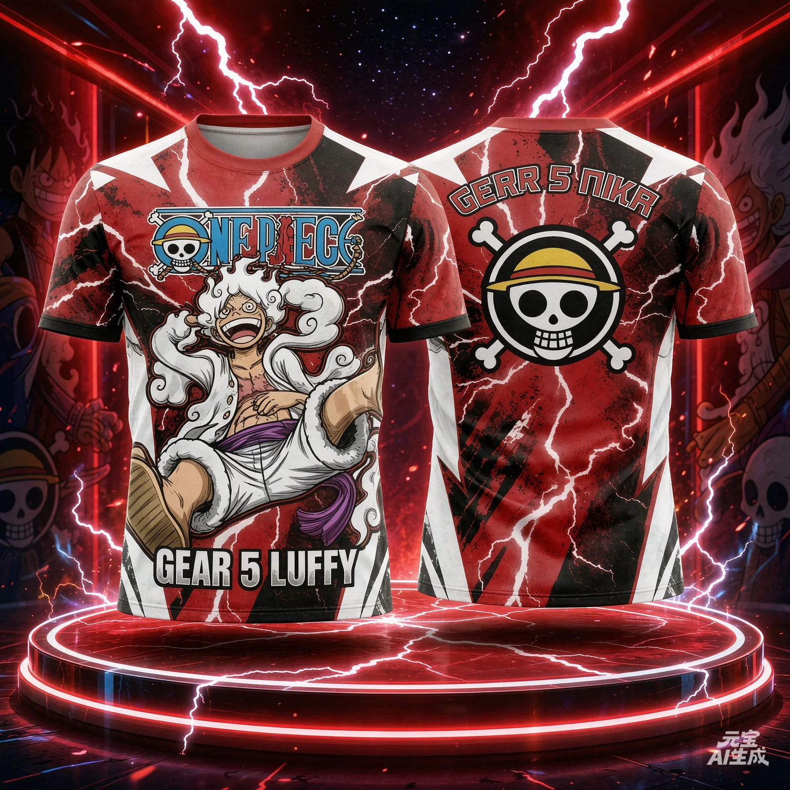 2026 One Piece Luffy Nika Five Form 3D Printed T-shirt Anime Surrounding Red Large Size Quick Drying Breathable Parent Child Top