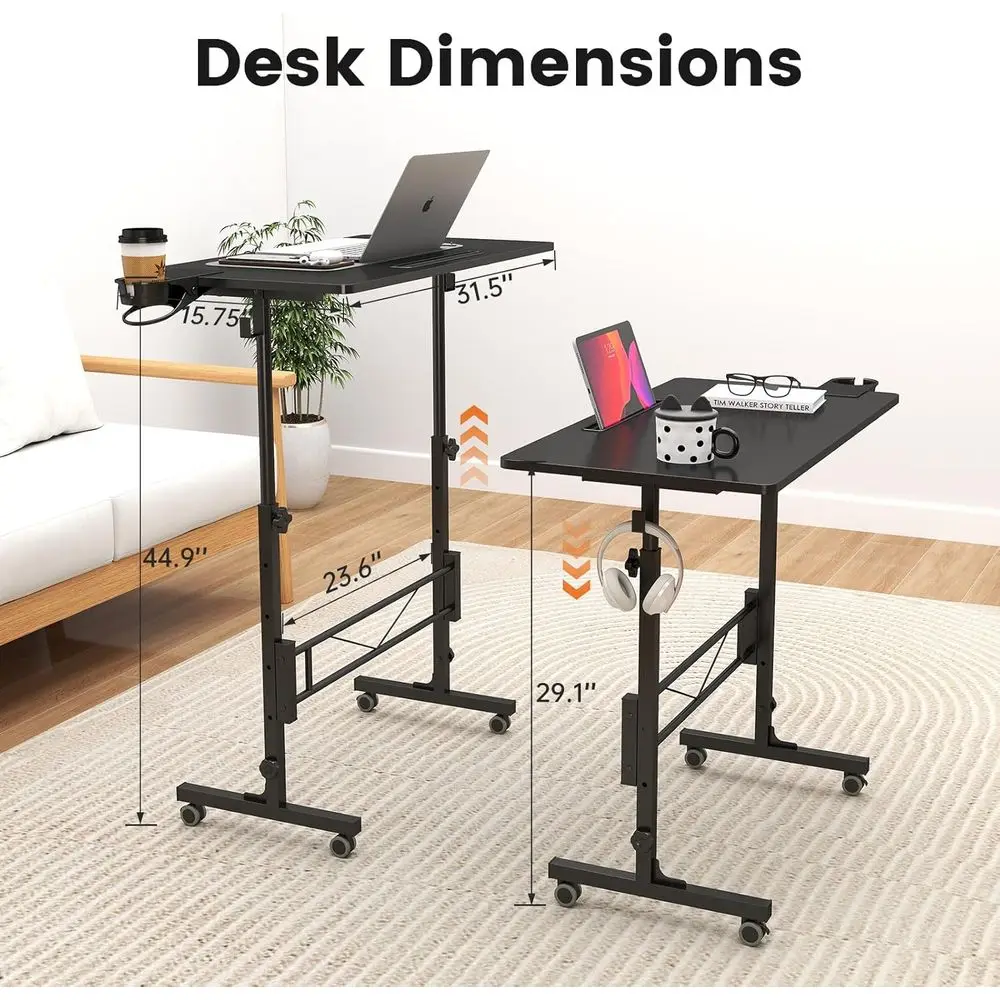 Compact Adjustable-Height Stand-Up Desk with Wheels, Portable Laptop Stand for Mobile Use, Black