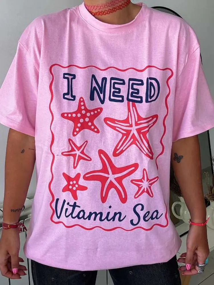 Retro American Vintage Summer Ocean Starfish Print Spicy Girl Loose Casual Pink Short Sleeve T-Shirt Women's Street Style Ove...