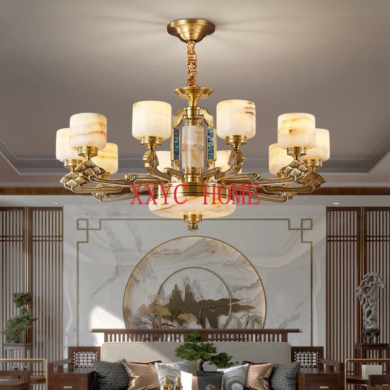 Jade Chandelier Villa Atmosphere Chandelier American Living Room Dining Room Bedroom Copper Lamps