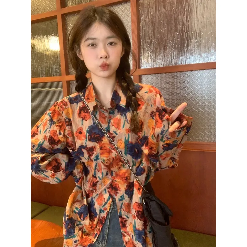 

Женская винтажная блузка с цветочным принтом, свободного кроя, с длинным рукавом, на пуговицах, в стиле ретро, для повседневной носки