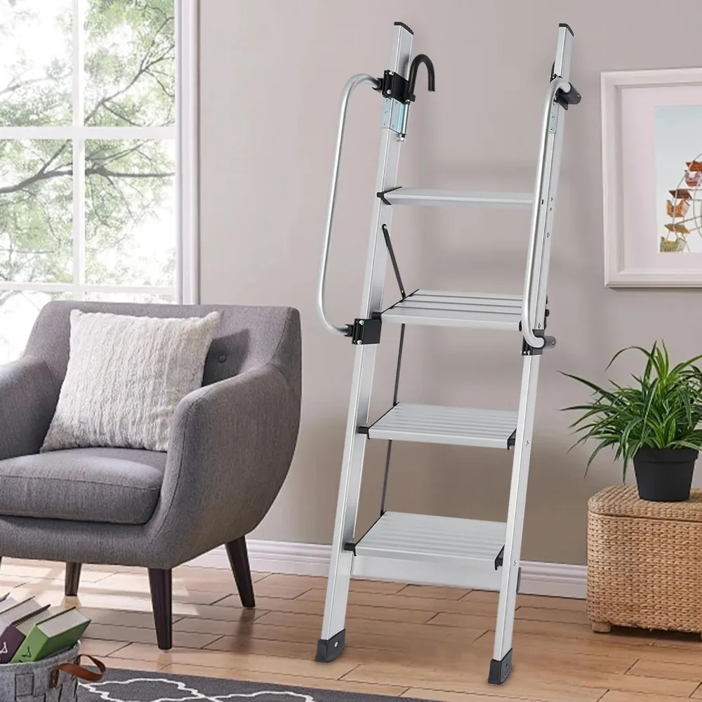 سلم سرير بطابقين قابل للطي بأربع خطوات مع سجادات مضادة للانزلاق، درابزين قابل للتعديل، دواسات واسعة للقوافل والمركبات الترفيهية