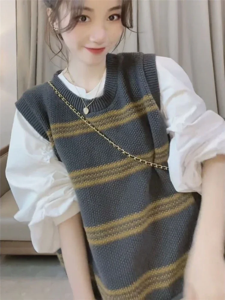 Koreański styl 2025 wiosna jesień damska dzianinowa kamizelka luźna w paski casualowa uniwersalna wyszczuplająca stylowa swobodna kamizelka młodzieżowa