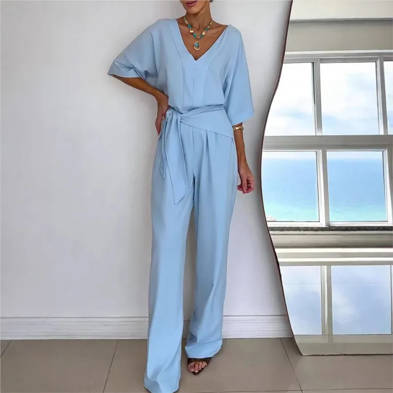 

Casual fashion Women Jumpsuit 2026 Summer V-neck Half Sleeve Wide Legs Jumpsuits Waist Lace-up Solid color One Piece Streetwear
