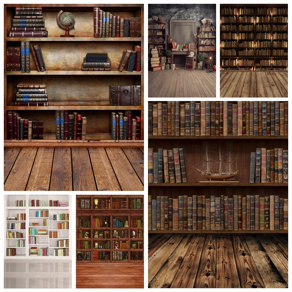 Vintage Bookshelf Backdrop Wooden Bookcase Books Library Children Back to School Baby Birthday Portrait Photography Background