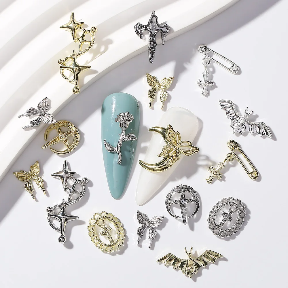 10PCS Nail Art Decorations Set for Cross Alloy Nail Art Jewelry Butterfly Brooch Bat Rose Versatile Nail Art Decorations