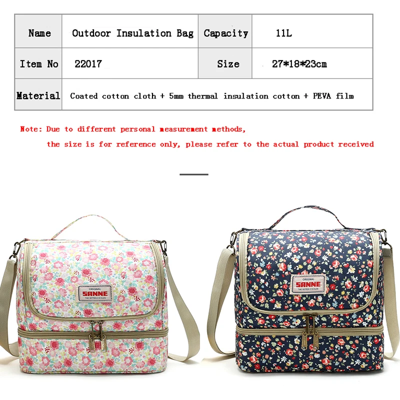 SANNE10L bolsa de almuerzo aislante de doble capa, serie Floral, bolsa térmica impermeable para Picnic, bolsa de almuerzo impermeable para mantenimiento fresco