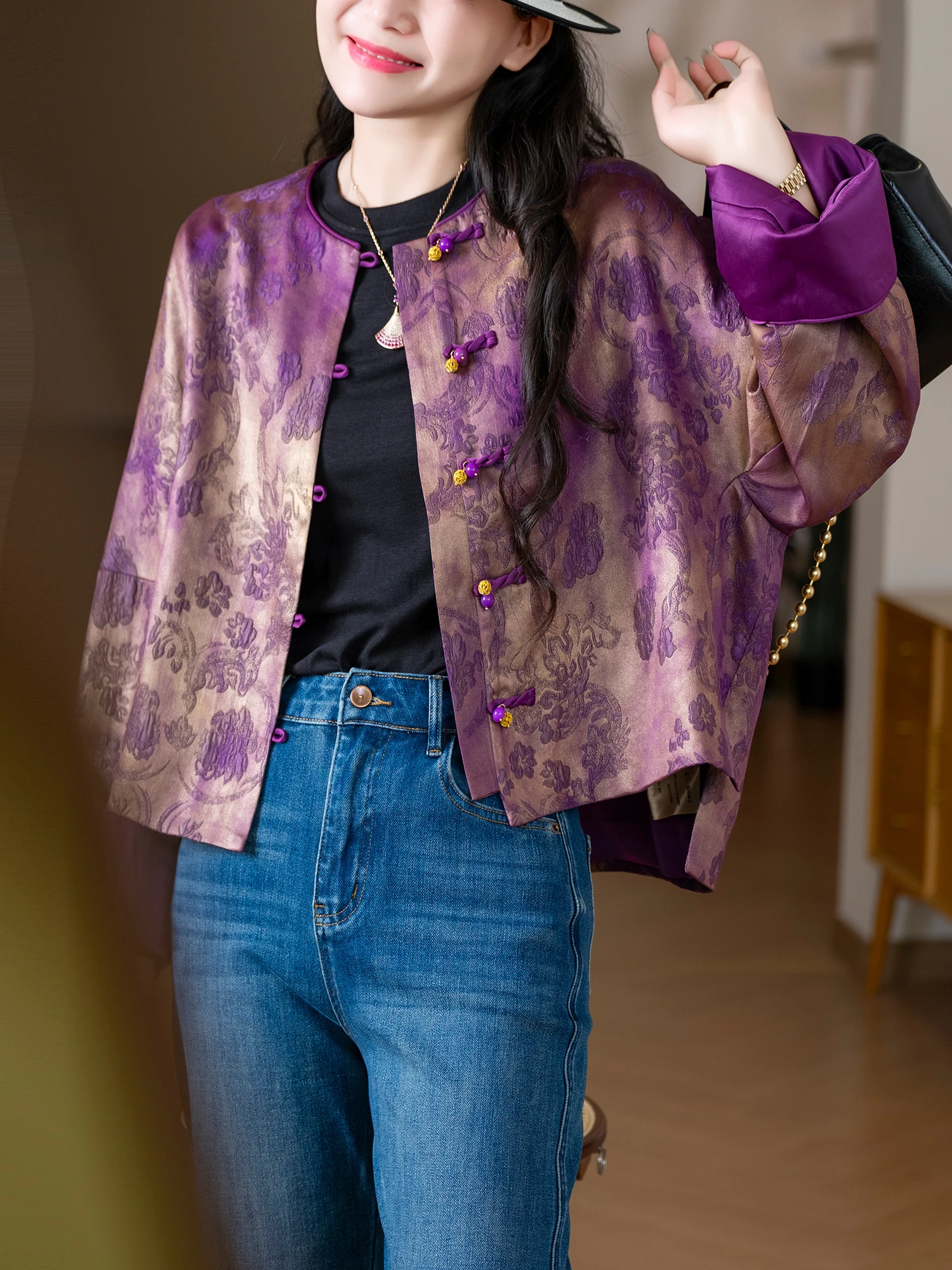 

Chinese Sle Embroidered Peony Pattern Silk Jaet Women's Loose Fit Long Sve Coat Floral adient Design Traditional Chi...