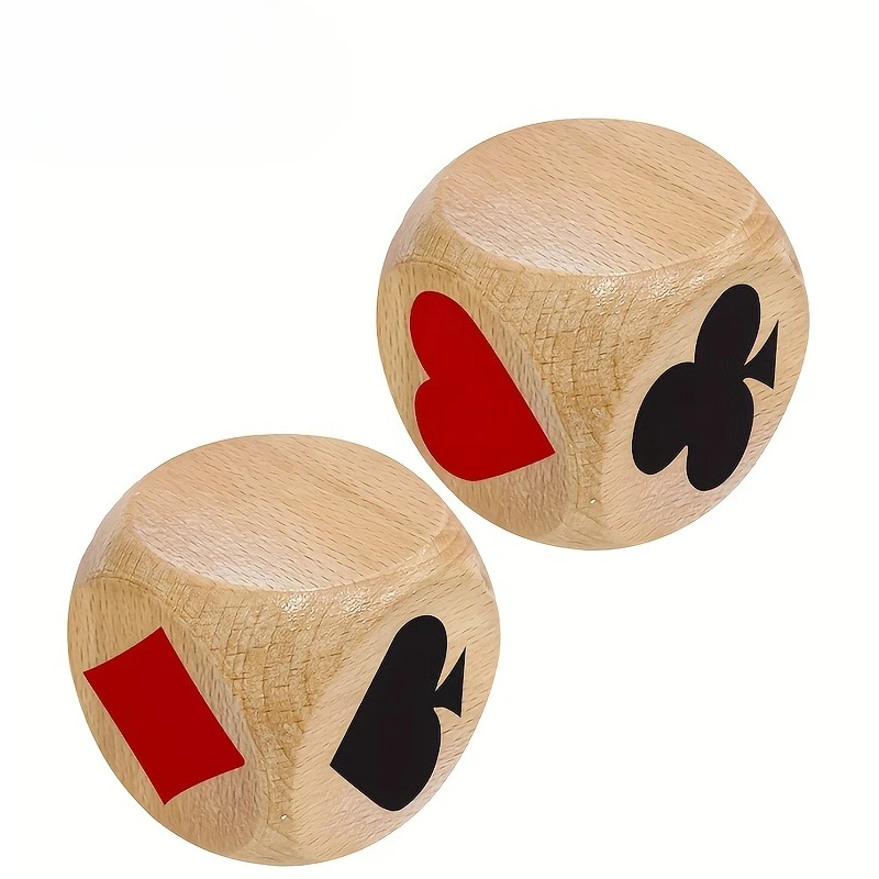 2pcs 1.97inch Natural Wooden Dice Cubes with Red & Black Heart/Spade/Club/Diamond Symbols - Euchre & Pinochle Card Game Addition