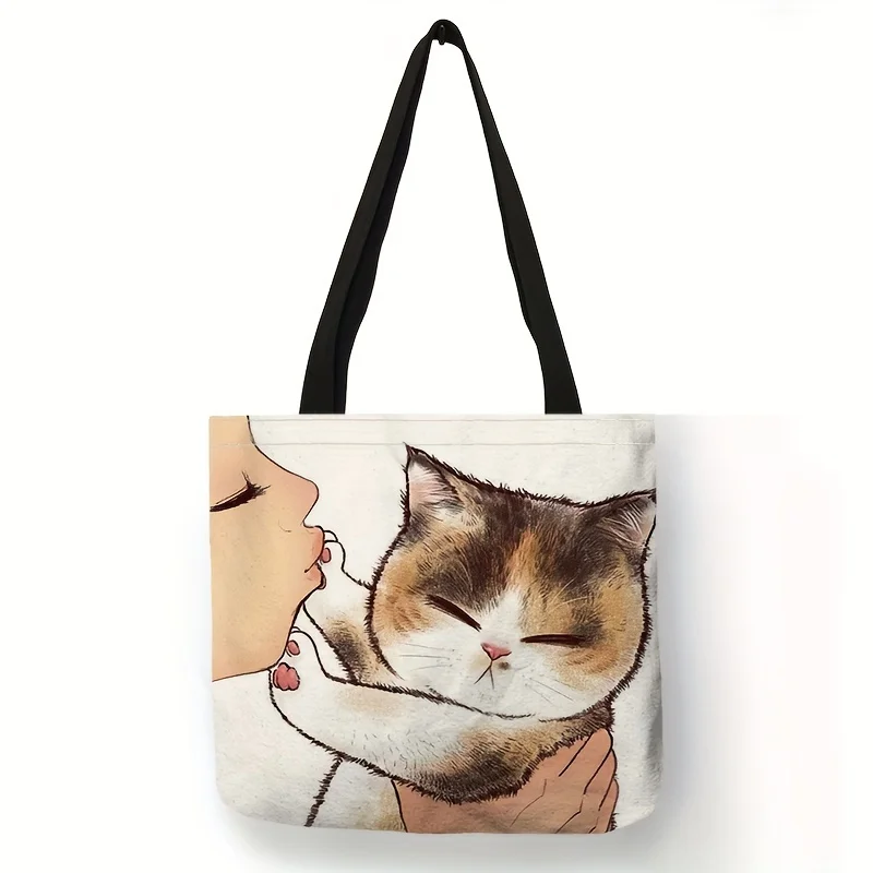 Niedliche Einkaufstasche mit Cartoon-Katzen-Aufdruck, Umhängetasche mit großem Fassungsvermögen, lässige Damenhandtasche für den Einkauf in der Arbeit, in der Schule – Detail 6