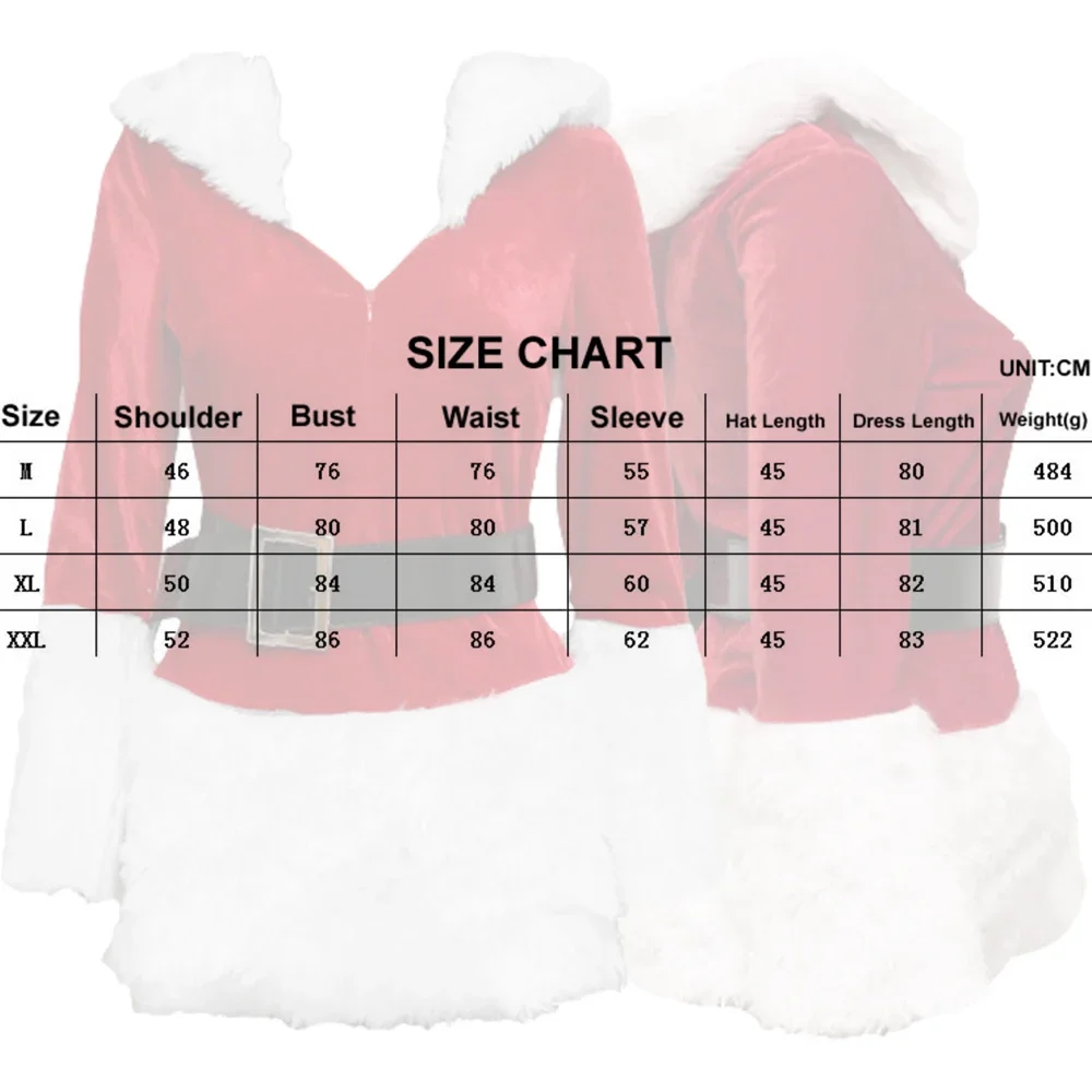 Women's Christmas Santa Costume Solid Color Long Sleeve Plush Trim Mini Hooded Dress Lady Santa Clau Waistbelt Cosplay Dresses