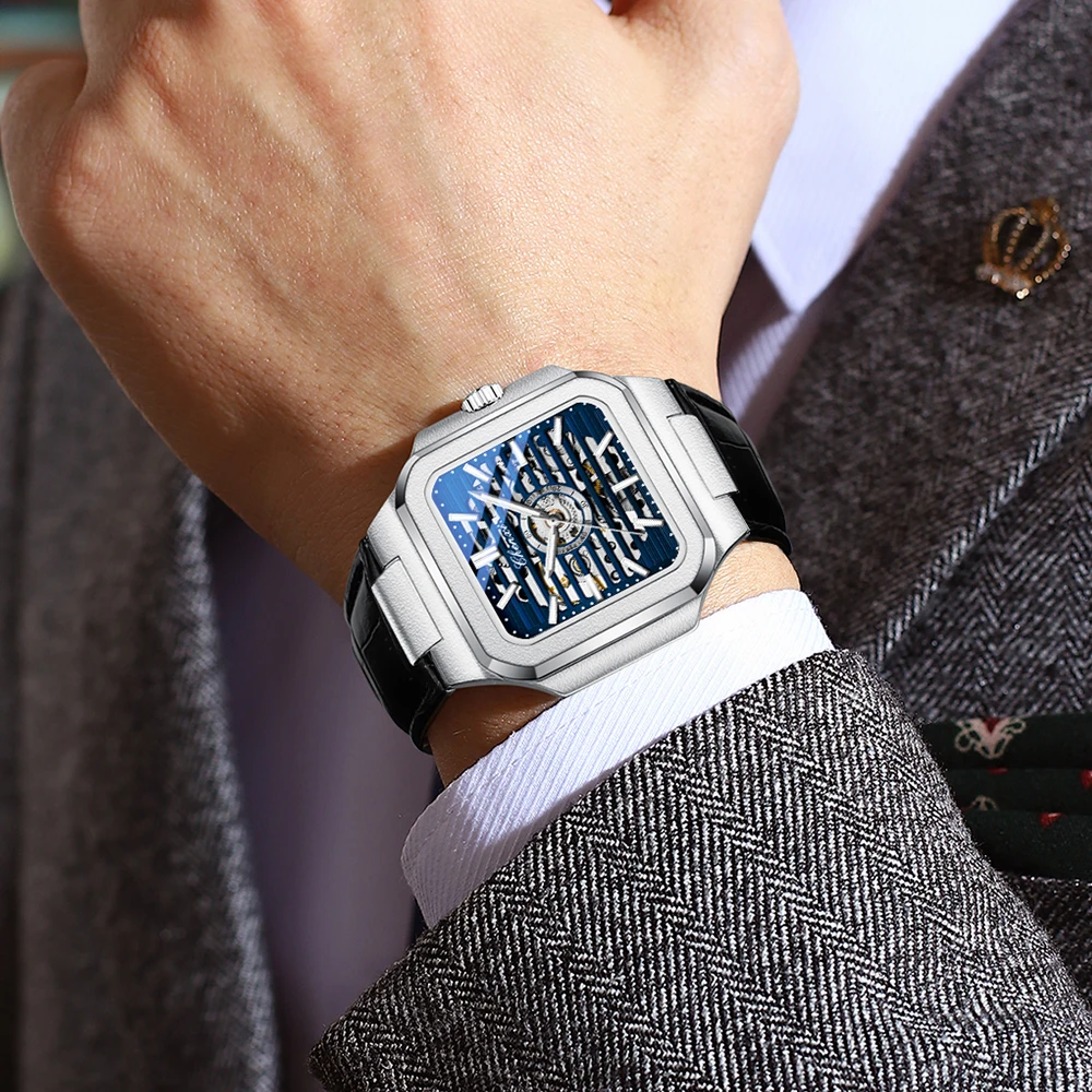 CHENXI ساعة رجالية ميكانيكية الراقية مربع الطلب الرجال الساعات التلقائي بالكامل جوفاء ساعات المعصم هدايا الذكور