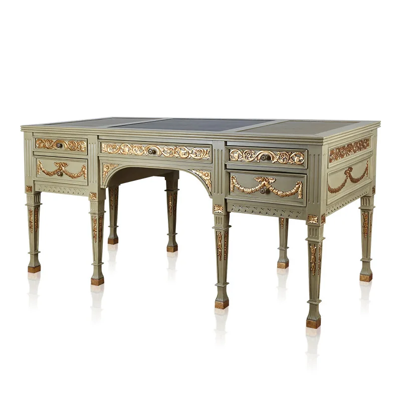 

French birch carved desk bookcase book chair combination villa retro study writing desk chair combination