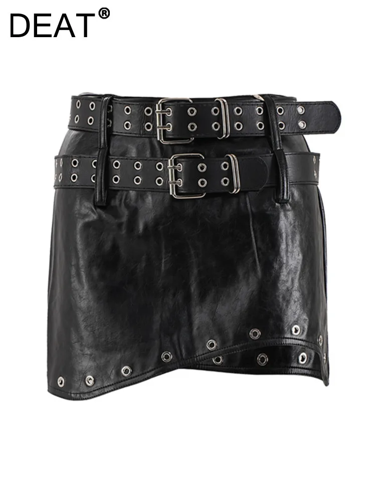 DEAT WomenPu Leather Skirt High Waist Metal Holes Decoration Irregular Double Belt Short Skirt Autumn 2024 New Fashion CP2A0085