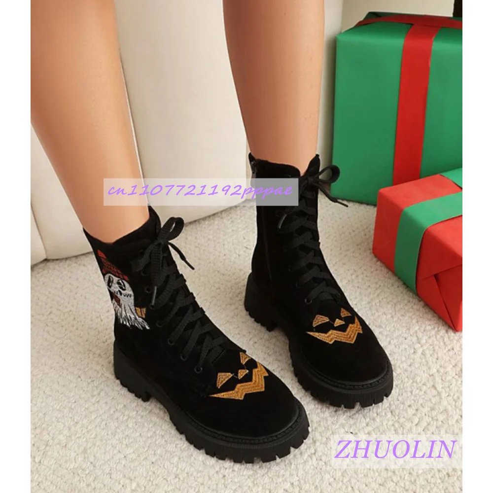 

Winter Black Suede Embroidered Women'S Boots Round Toe Thick Sole Chunky Heel Ankle Boots Side Zipper Lace-Up Riding Boots 43