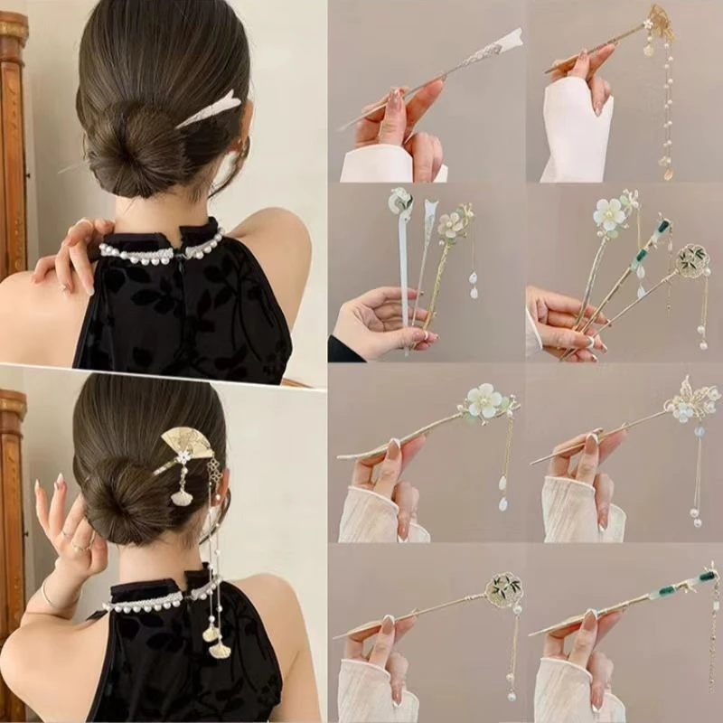 Chinese Style Retro Flower Tassel Hairpin Simple Fairy Hair Sticks Headwear For Women Girls Temperament Hair Accessories