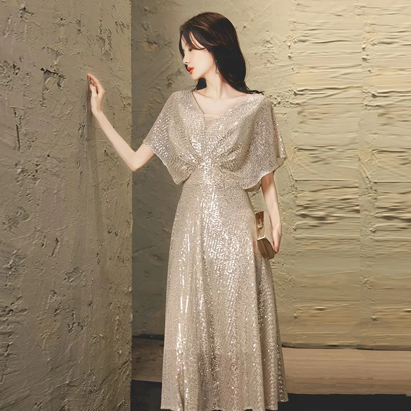 Ele Gold Evening Dr for Women Faionable Mid-Waist A-Line Skirt Wedding Par Performance Suitable Deep V-Ne Design