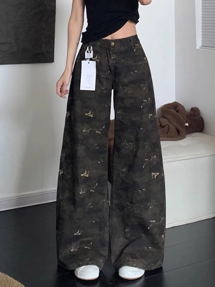 American Retro Camouflage Jeans for Women 2026 New High Waisted Straight Leg Pants Autumn Casual Printed Loose Work Pants