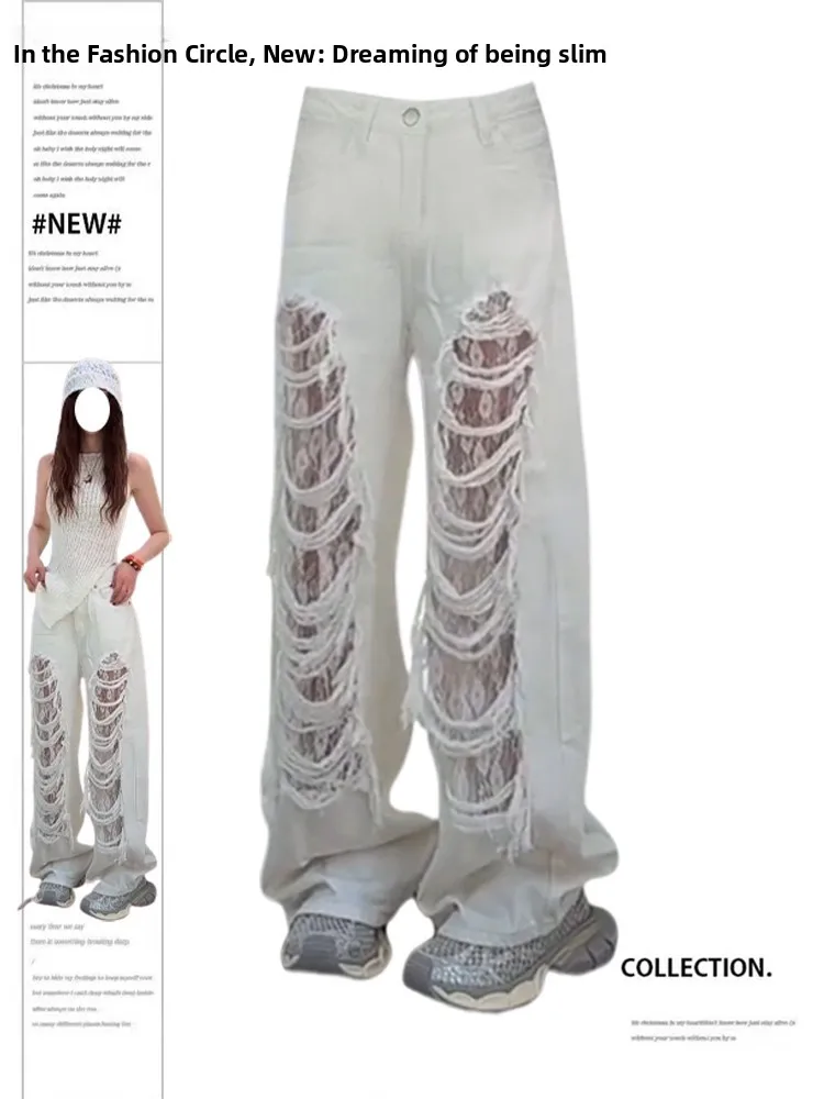 Jeans de Pierna Ancha con Encaje Calado para Mujer, Talla ande, Estilo Casual, Cierre de Cremallera, Plones Largos Ho...