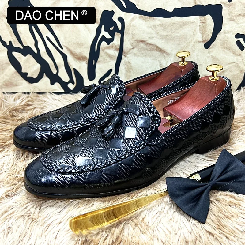 ITALIAN MEN LEATHER SHOES FASHION PLAID PRINT WEAVE CASUAL SHOES BLACK BROWN WEDDING OFFICE DRESS MAN SHOES LOAFERS MEN