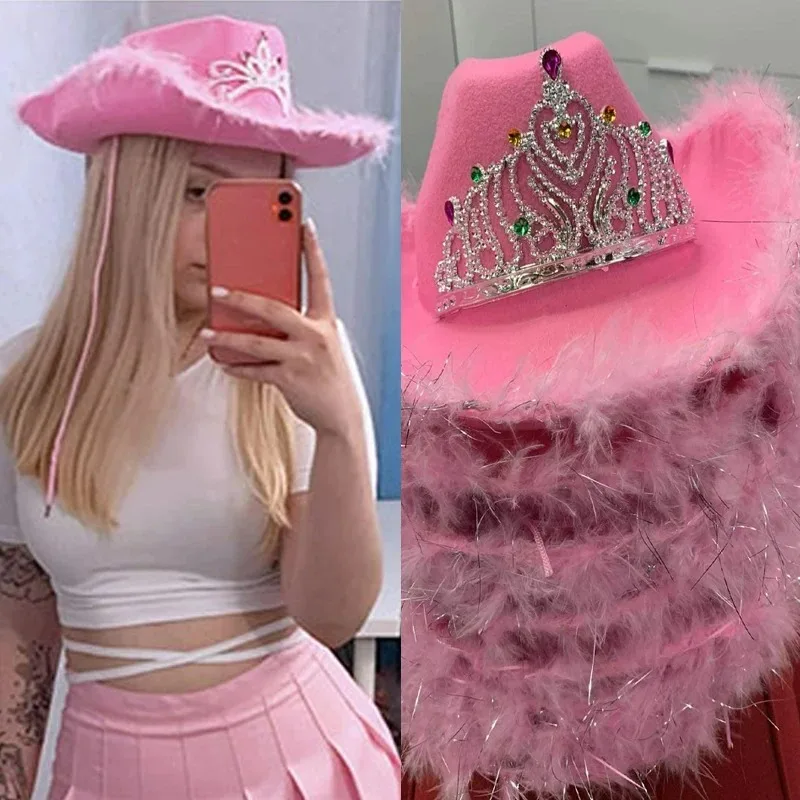 Pink Crown Western Hat Caps for Women Girls Cowgirl Tiara Feather Felt Sequin Cowboy Cap Party Jazz Caps Halloween Cosplay Props
