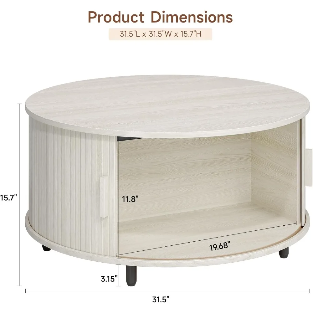 Mesa de centro redonda moderna de 31,5 con diseño de madera estriada y 360 °   Solución de almacenamiento para puertas correderas