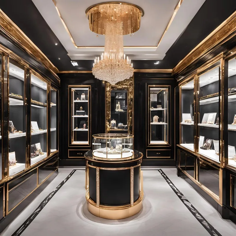 Vitrina de cristal de madera con cerradura de moda, vitrina de joyería con luz LED de acero inoxidable, caja para muebles