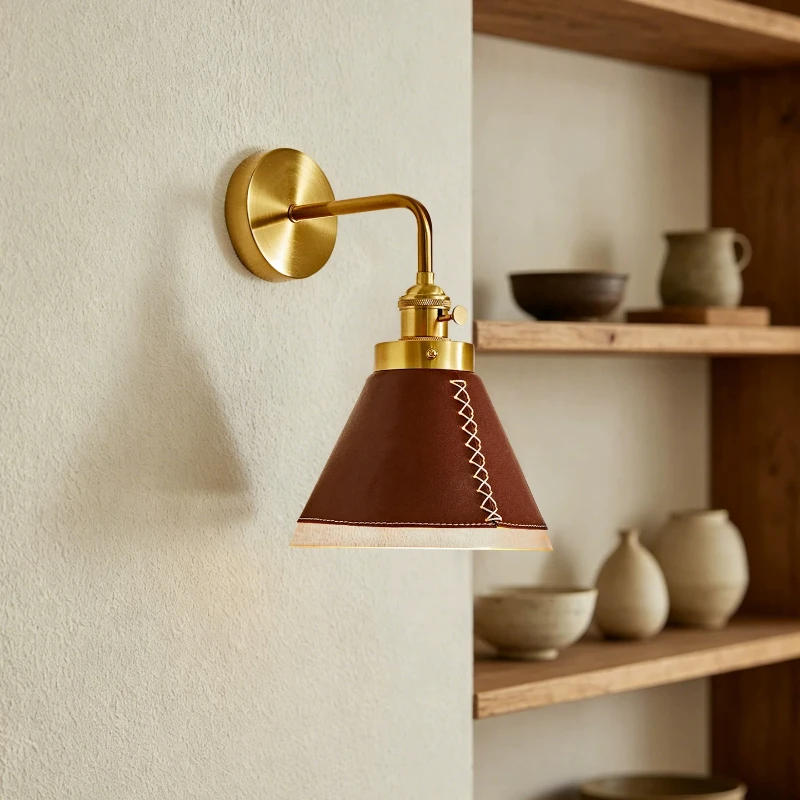 Handmade Leather Lampshade Wall Lamps French Retro Art LED Wall Sconces Bedroom Bedhead Living Room Background Lighting Fixtures