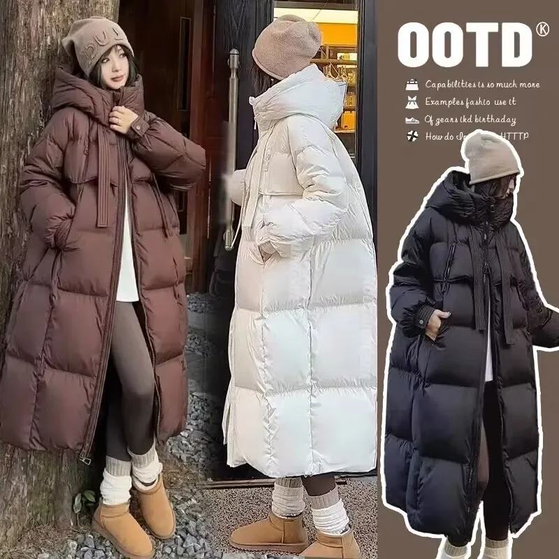 Korean Style Women Long Winter Coat Thickened Cotton Padded Hooded Jacket Loose Fit Warm Overcoat Casual Oversized Puffer Parka