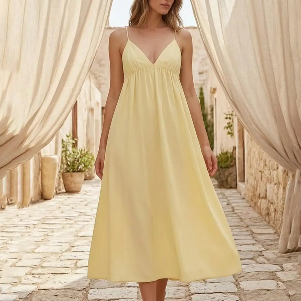 

Women Sleeveless Spaghetti Strap Dress V-Neck Long Dress Backless A-line Party Evening Gown Summer Beach Vacation Flowy Sundress