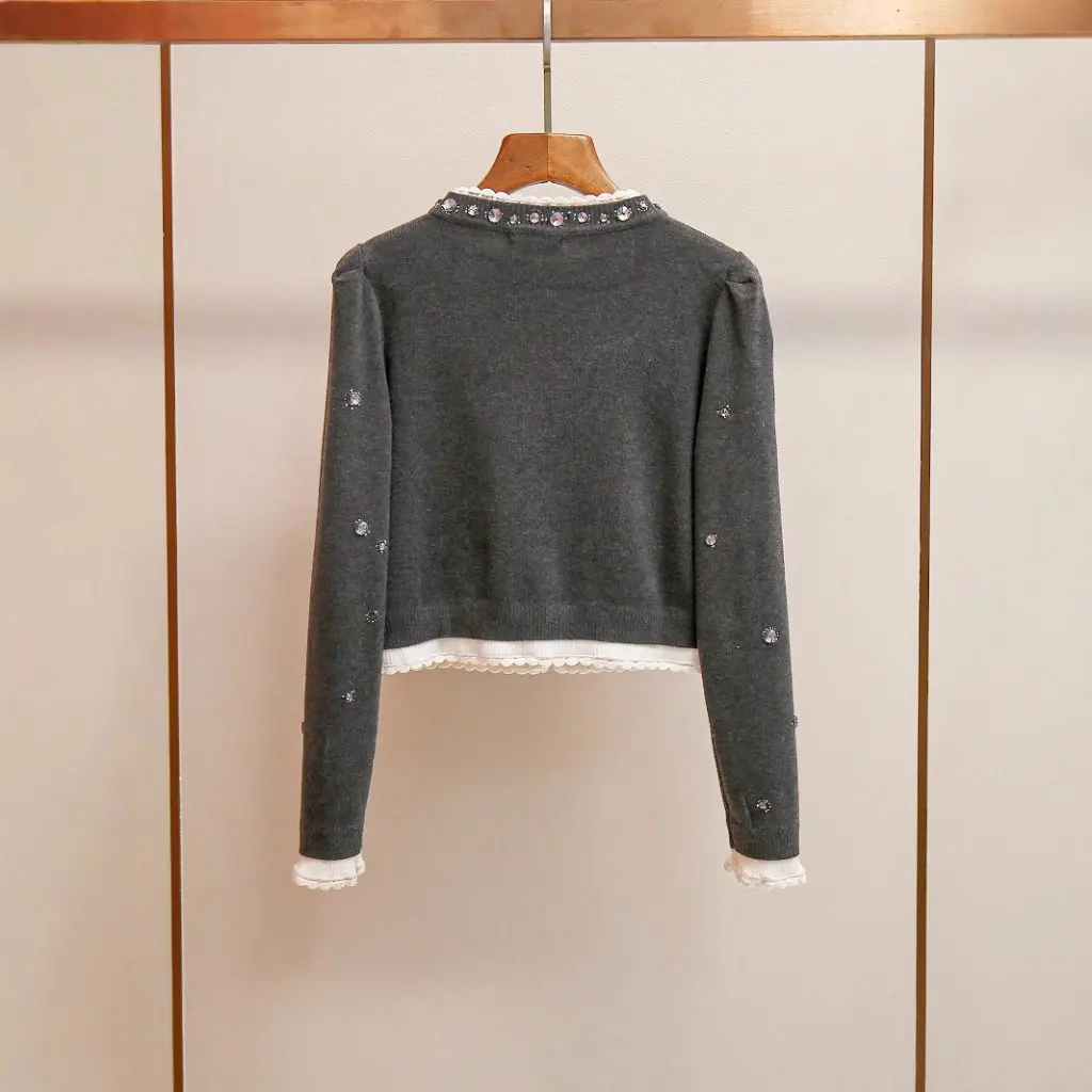 

Classy Women's Retro Elegant Diamond Lace Short Knitted Cardigan Versatile Autumn Fashion by Shenzhen Nanyou