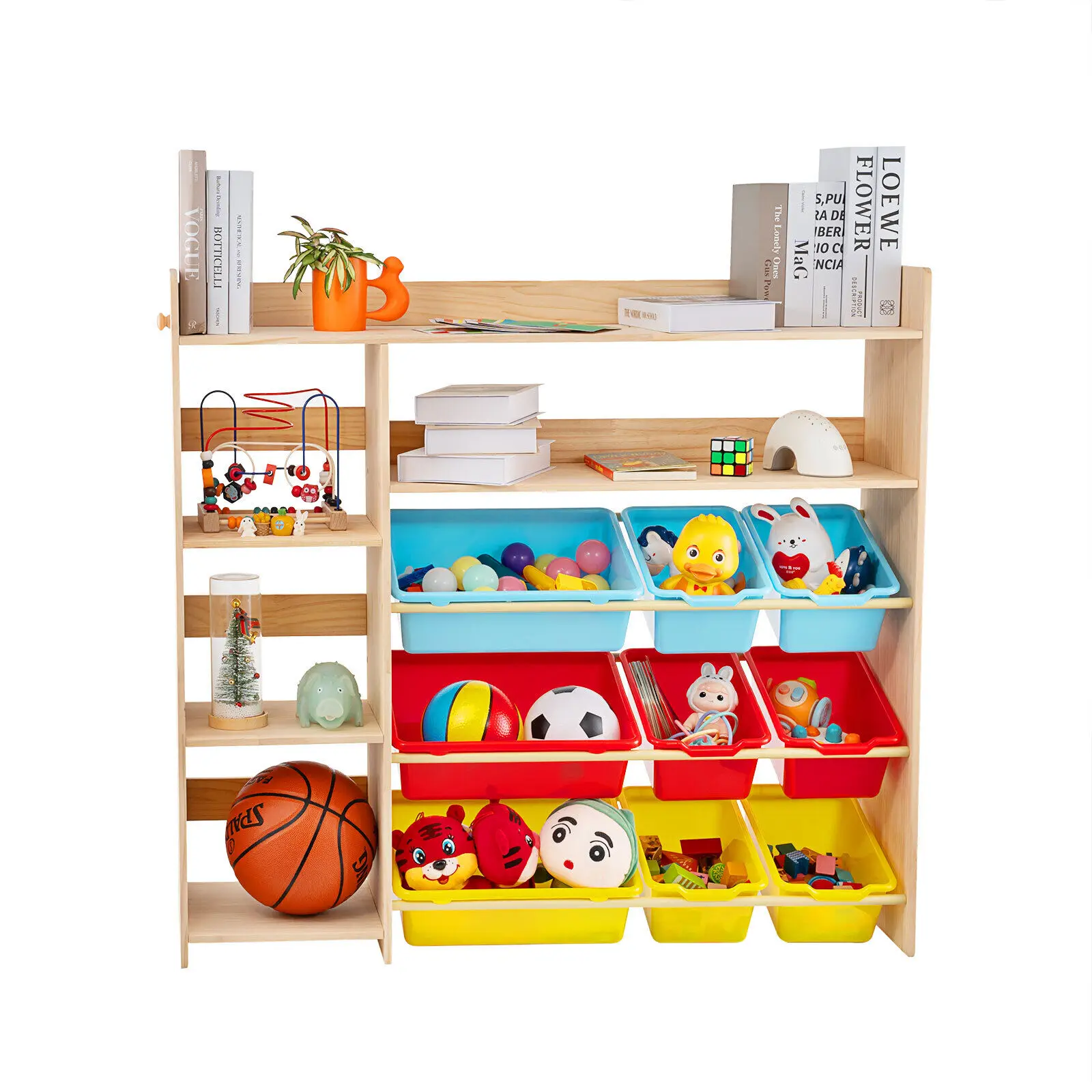 Wooden Toy Storage Organizer Shelf Solid Wood Organizer Furniture W/Storage Box Kids Playroom Storage Cabinet W/9 Plastic Bins