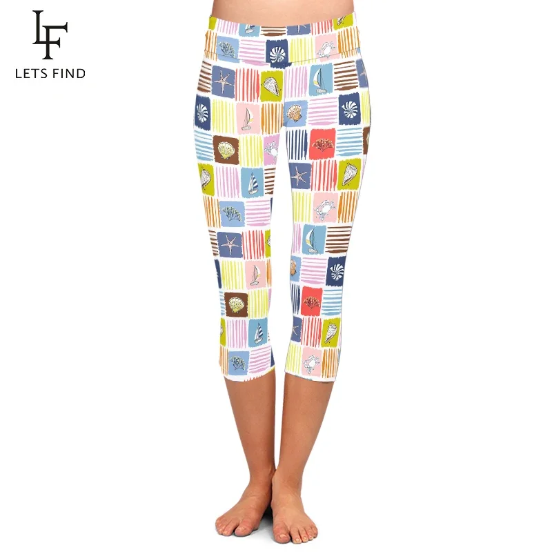 

LETSFIND High Waist Women Fitness Capri Leggin 3D Hand Drawn Seashells Beach Elements Print Stretch Slim Mid-Calf 3/4 Leggings