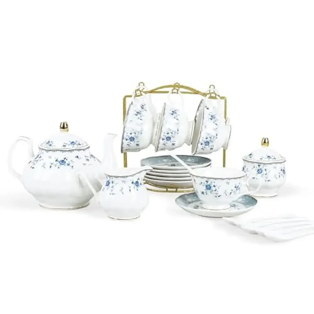 British Floral Porcelain Tea Set 15 Piece with Blue Rose Pattern Teapot Sugar Bowl Milk Jug Tea Cups Elegant Women Tea Party Set